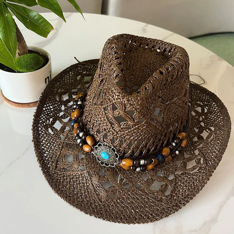 Vintage Sommer Strand Bohemian Strohhut mit Muscheln für Damen und Herren, Western Cowboyhüte mit Holzperlen, Ausgehöhlter Sonnenhut, Urlaubsmütze – Detail 13