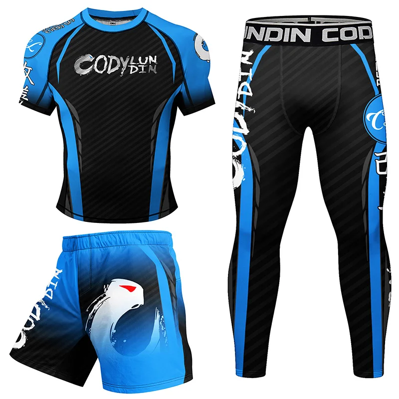 Rashguard MMA T-shirt + spodnie garnitur mężczyźni 4 sztuk/zestaw Jiu Jitsu brazylijski Grappling Bjj boks Rash Guard koszulki sportowe spodenki