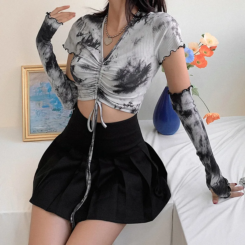 

Autumn Women New Y2k Black Tie Dye Crop Tops Gothic Harajuku Bodycon Bandage Ruched Tops Streetwear Sexy V Neck Basic T Shirt