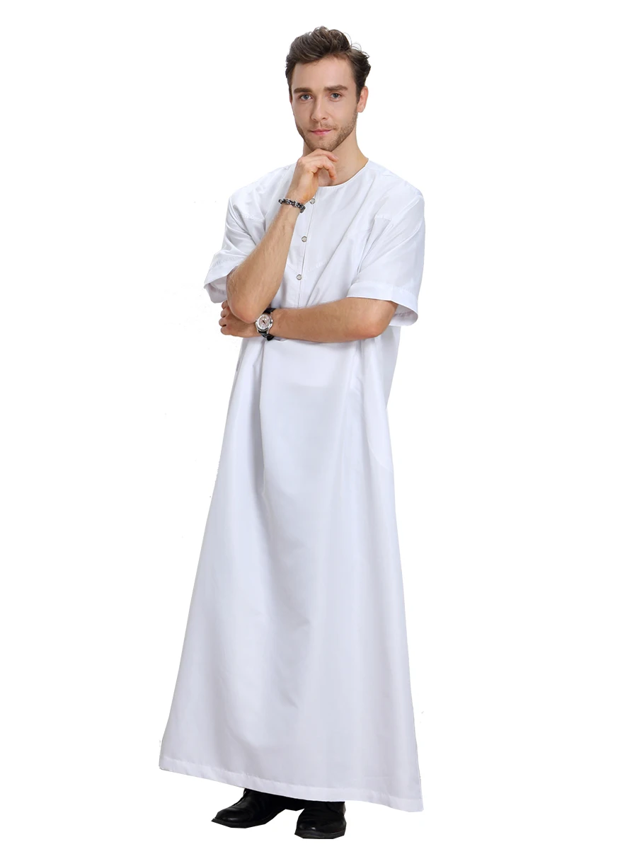 Eid Ramadan Thobe Thawb Jubba for Men Wear Muslim Short Sleeves Round Collar Saudi Arab Kaftan Islamic Dubai Robe Caftan Dress