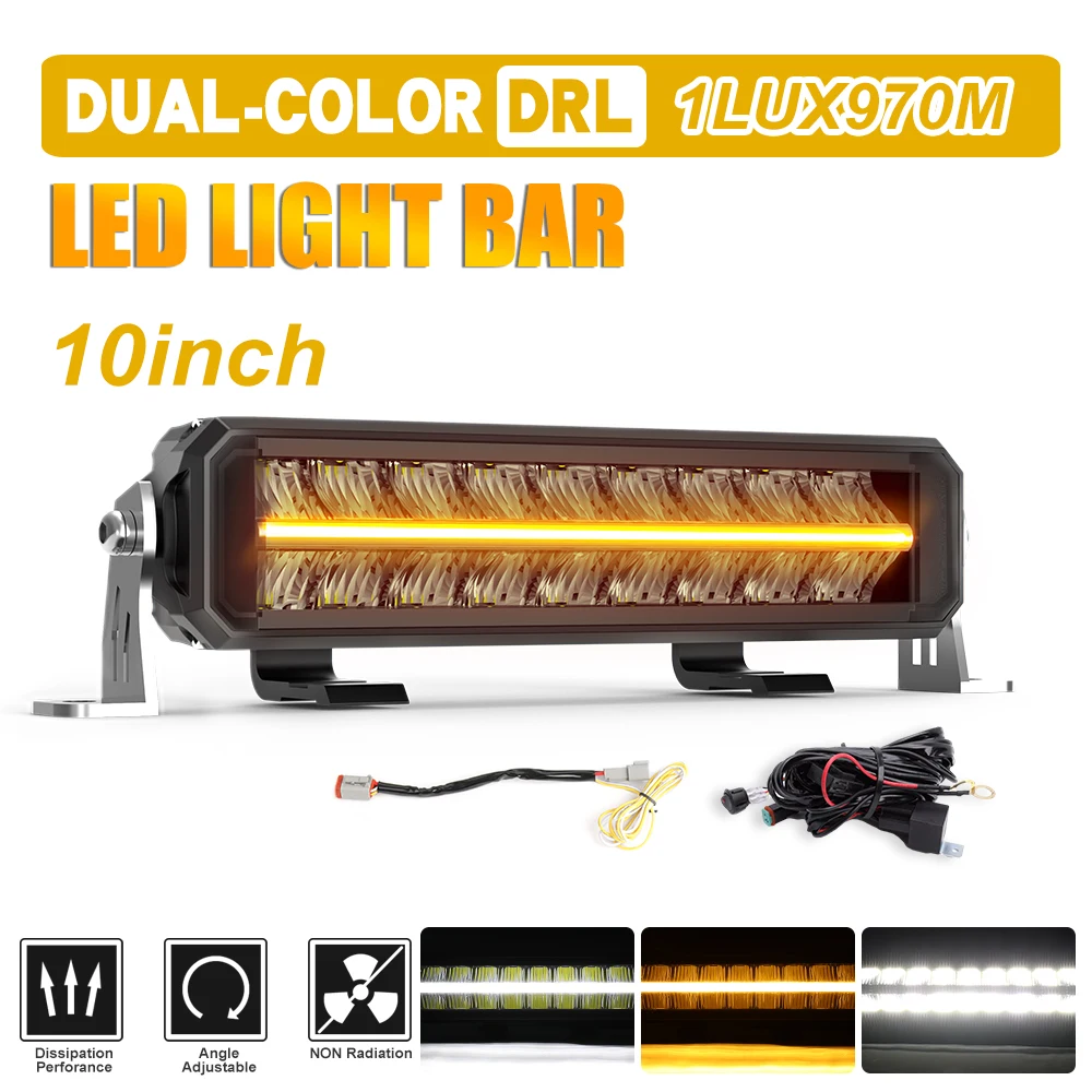 UNISHINE 10 pouces barre lumineuse LED avec ambre blanc DRL Anti-éblouissement tout-terrain LED barre lumineuse de conduite double rangée tout-terrain antibrouillard pour voiture