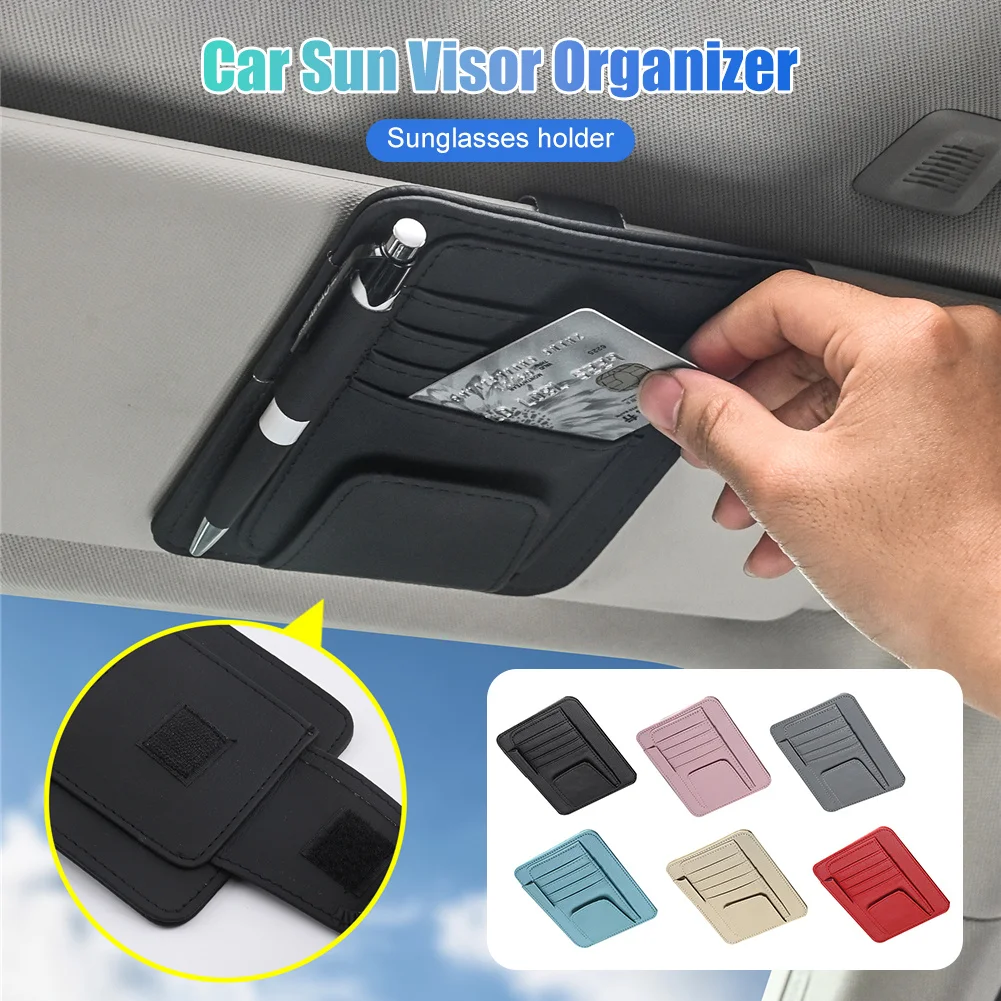 Car Sun Visor Organizer Leather Sunglasses Holder Multi-functional Card Holder Storage Pocket Car Glasses Clip Auto Accessories