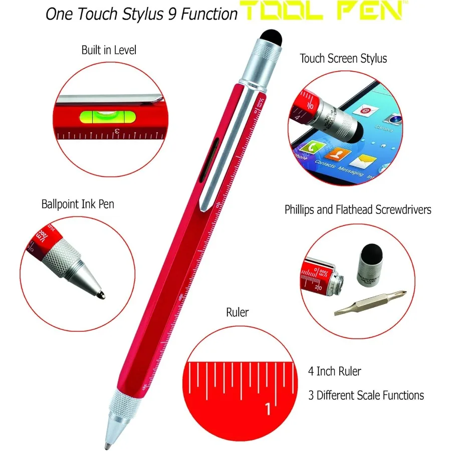 قلم حبر جاف أداة 9 في 1 من Monteverde USA باللون الأحمر متعدد الوظائف مع مستوى مفكات براغي ومسطرة مثالية للمهندس #4