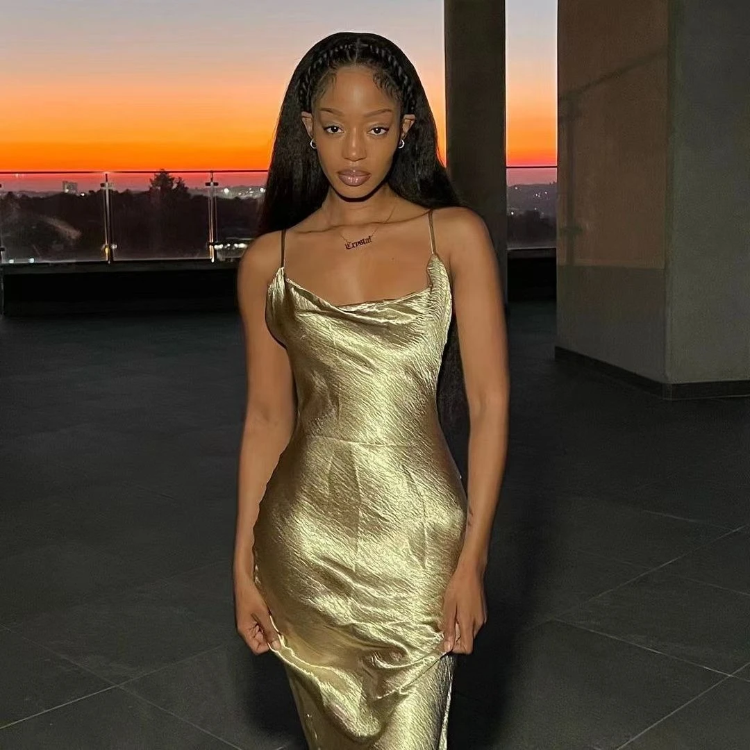 

Elegant Golden Evening Dress Women Backless Slip Party Dresses Chic Prom Ball Gowns Fashion Women Summer Dress One Piece Robes