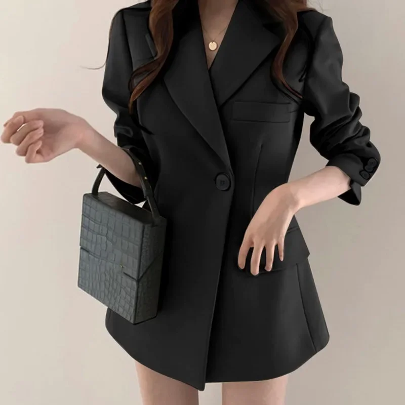 Blazer de botão único de comprimento médio feminino, blazers chiques, cáqui, preto, monocromático, plus size, ternos de trabalho casuais, novo, primavera, outono, 2023