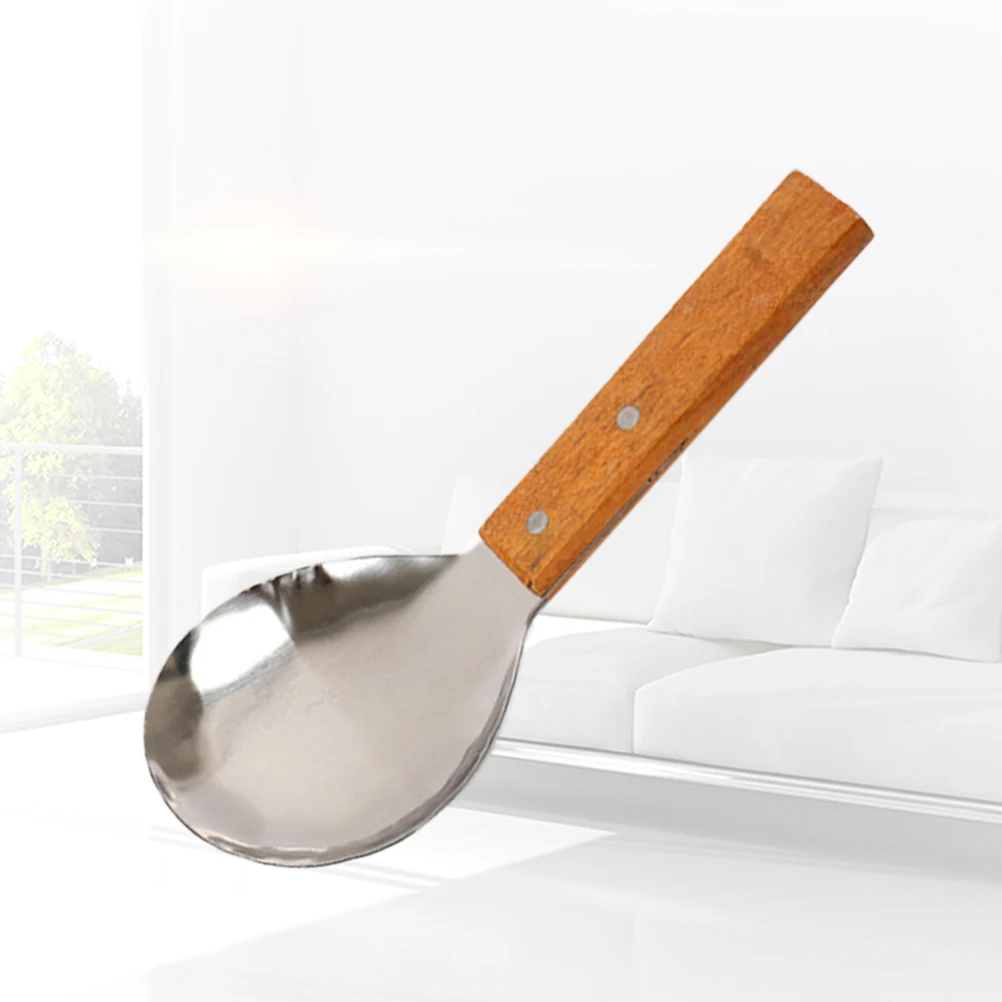 

Kitchen Stainless Steel Rice Spoon Large Brown Polished Finish Soup Scoop Food Serving Spoon Wooden Handle Tableware for Home