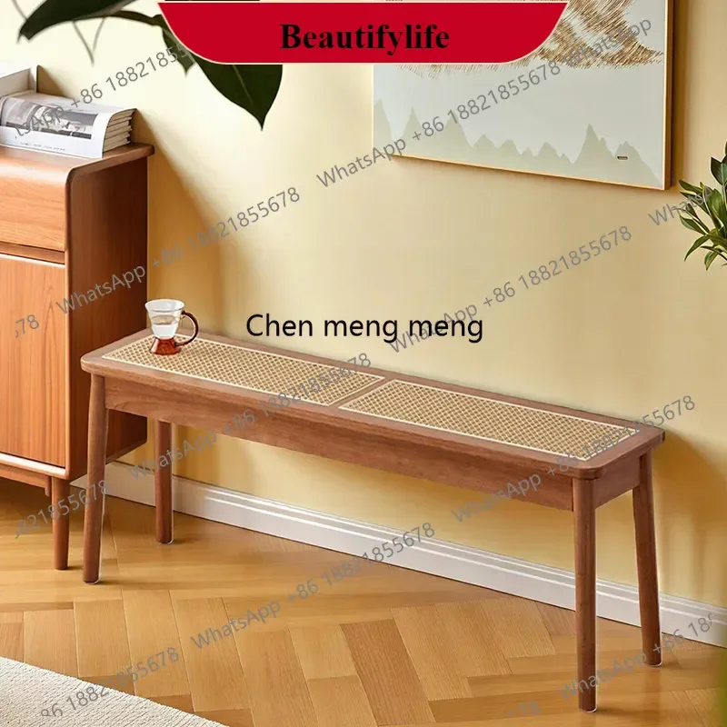 

M138Medium rattan woven solid wood bench bedroom bedside stool Simple retro Japanese dining stool