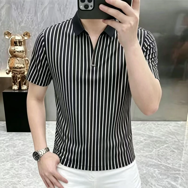 Summer New Style Men's Fashion Casual Best-selling Jacquard Vertical Stripes Collar Polo Shirt