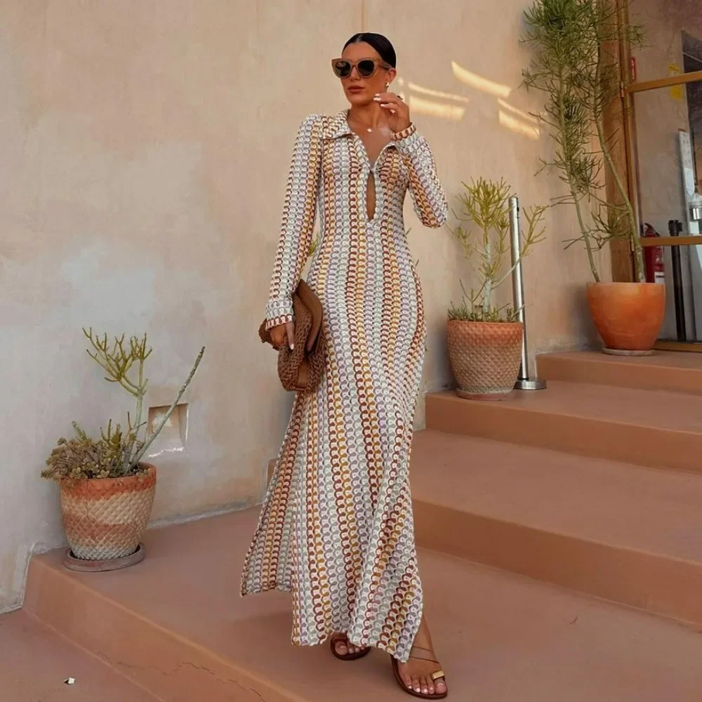 

Colorful Knitted Beach Dress Women Fashion Hollow Out Slim Bohemia Dress Summer Elegant Long Sleeve Bikini Cover Up Dress 2024