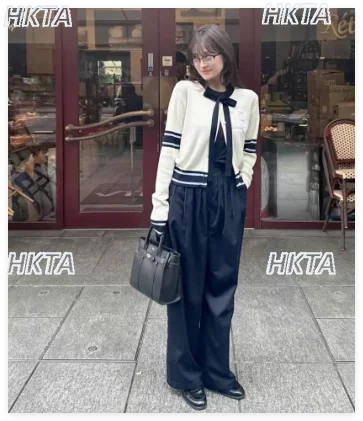 

Spring Autumn New Japanese Chest Embroidery Color-Block Sweater Coat Women Satin Ribbon Bow Tie College Style Knitted Cardigan