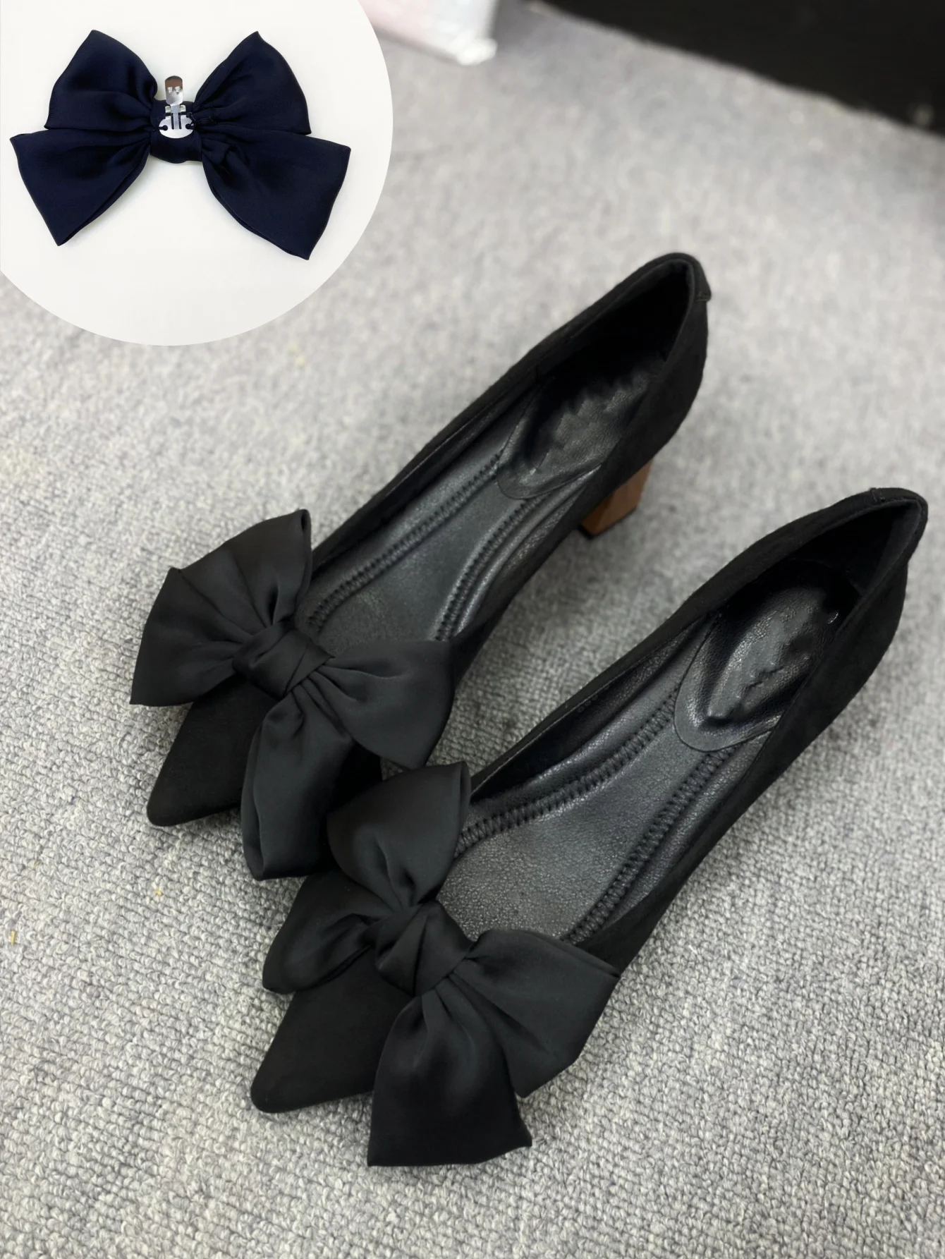 1 pair of new bride shoes white big bow women's shoe buckle DIY detachable daily all matching slimming satin shoes flower shoe c