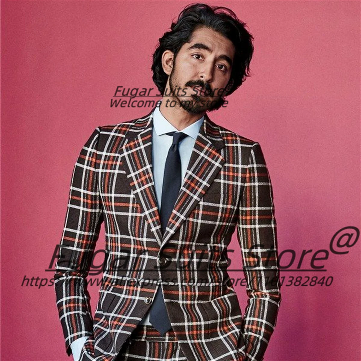 

French style Plaid Men Suits Customized Slim Fit Notched Lapel Groom Wedding Tuxedos 2 Pcs Sets Male Formal Blazers Ropa Hombre