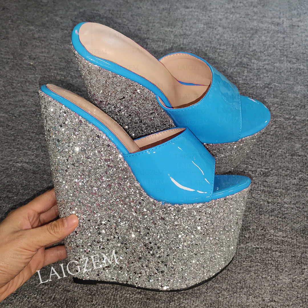 

ZHIMA Women Pumps 20CM High Heels Wedges Peep Toe Platform Mules Party Glitter Patchwork Ladies Shoes Woman Large Size 38 43 48