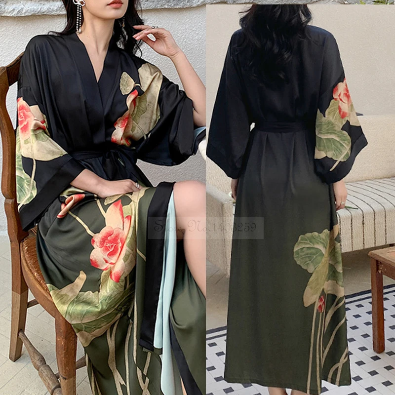 New Spring Summer Female Long Robe Nightgown Sexy Print Flower Kimono Bathrobe Gown Casual Silk Satin Home Dress Lounge Wear