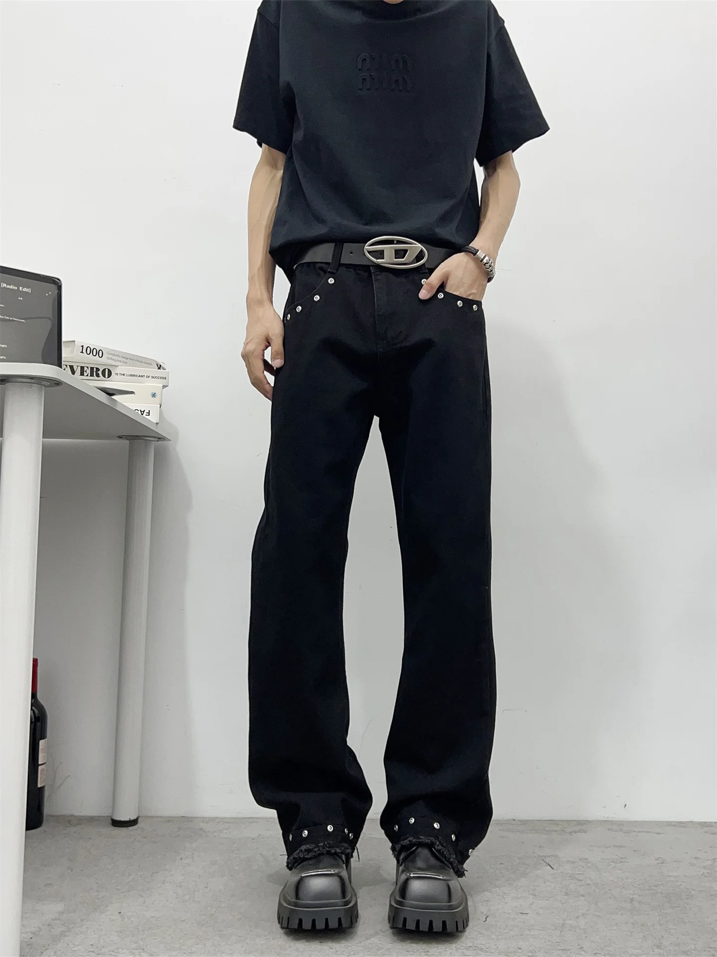 

Black Loose Fit Men's Jeans Bell Bottoms Straight Leg High Street Long Pants Drapey Clean Fit Slimming Effect Casual Jeans