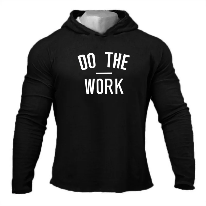 

DO THE WORK Men's Hooded Running T-shirts Autumn Fitness Long Sleeve Hoodies Cotton Workout Gym Clothing Sports Muscle Shirt