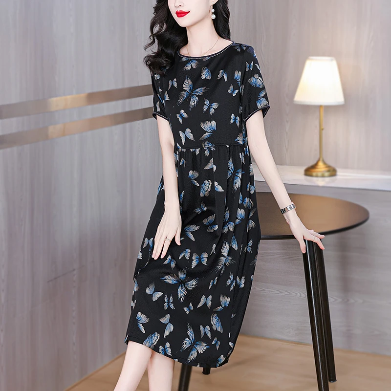 Summer Women Black Satin Vintage Luxury Bodycon Dress 2025 Office Lady Floral Silk Midi Dress Elegant Casual Night Party Vestido