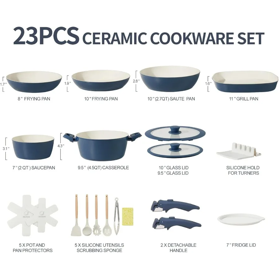 23pcs Ceramic Pots and Pans Set, Nonstick Detachable Handle Cookware, Induction Kitchen Cooking Set with Removable Handle,includ