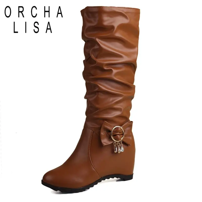 

ORCHALISA Girls Pleated Slip On Bowknot Metal Decor Big Size 42 43 Sweet Dating Bota Knee Boots Round Toe Increased Heels 10cm