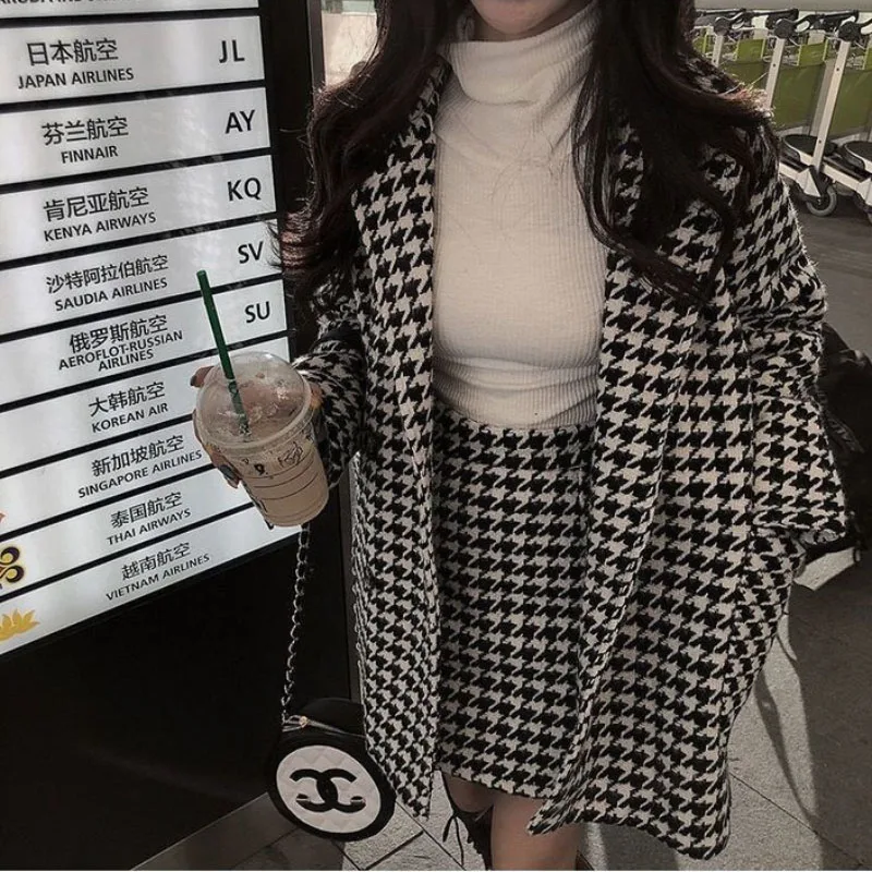 Spring Autumn 2024 New Houndstooth Suit Women\'s Fashion Loose Double-Breasted Cotton Woolen Coat+High Waist Skirt Two-Piece Suit