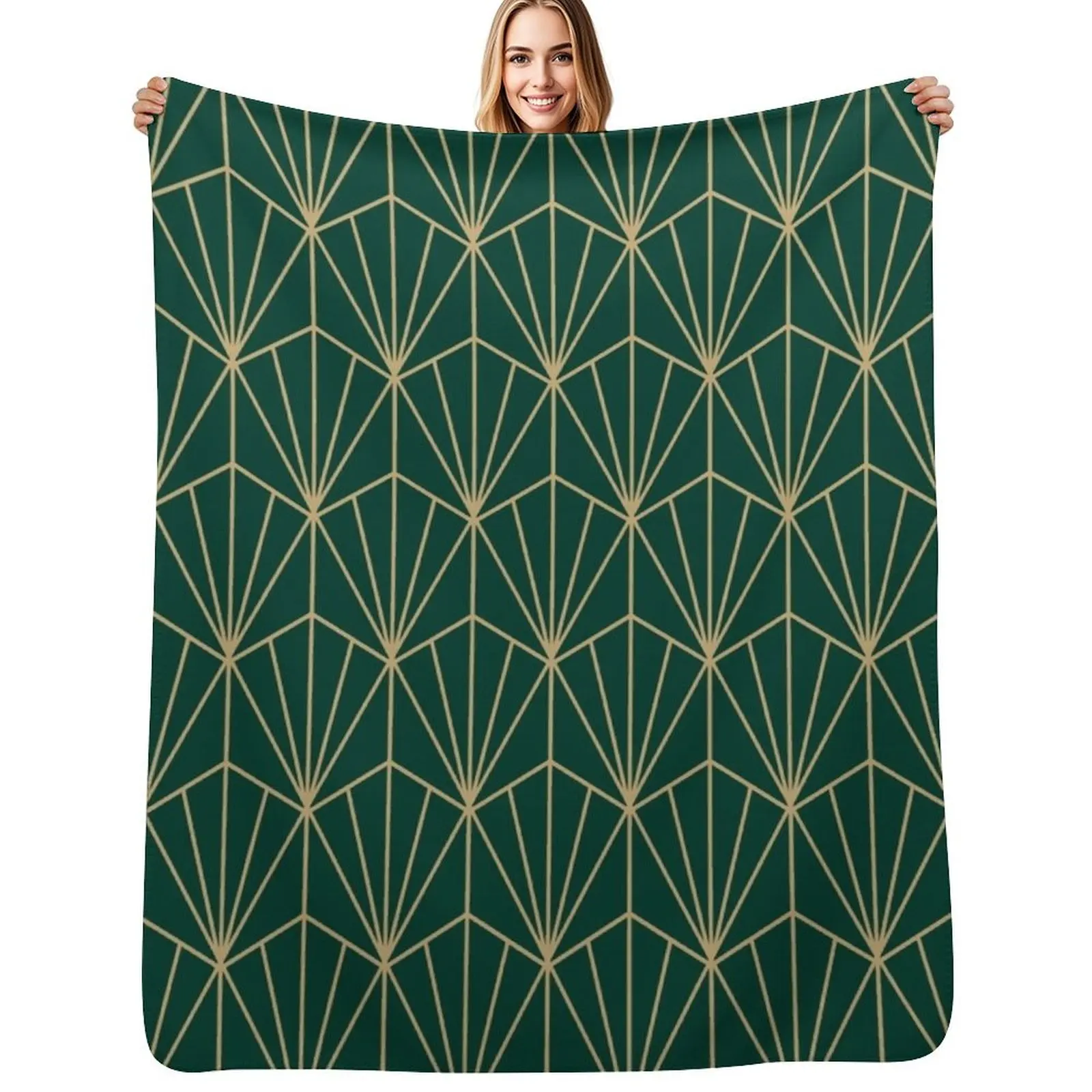 Art Deco in Green and Gold Throw Blanket Portable Lightweight Blanket for Travel Camping
