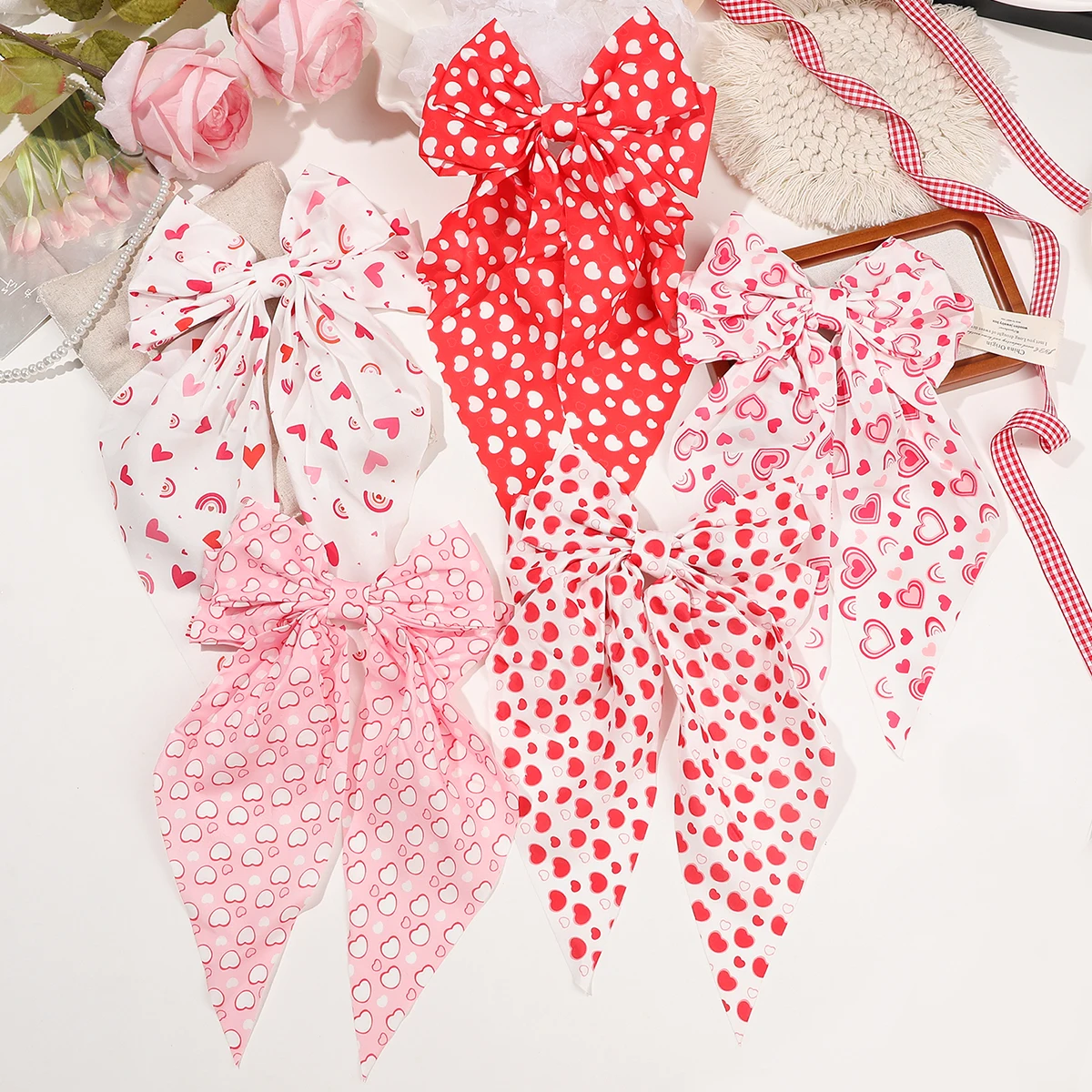 Valentine's Day Hair Bow Clips Cute Hair Bowknot Ribbon Clips Red Love Heart Pattern Hair Accessories for Girls Women Kids