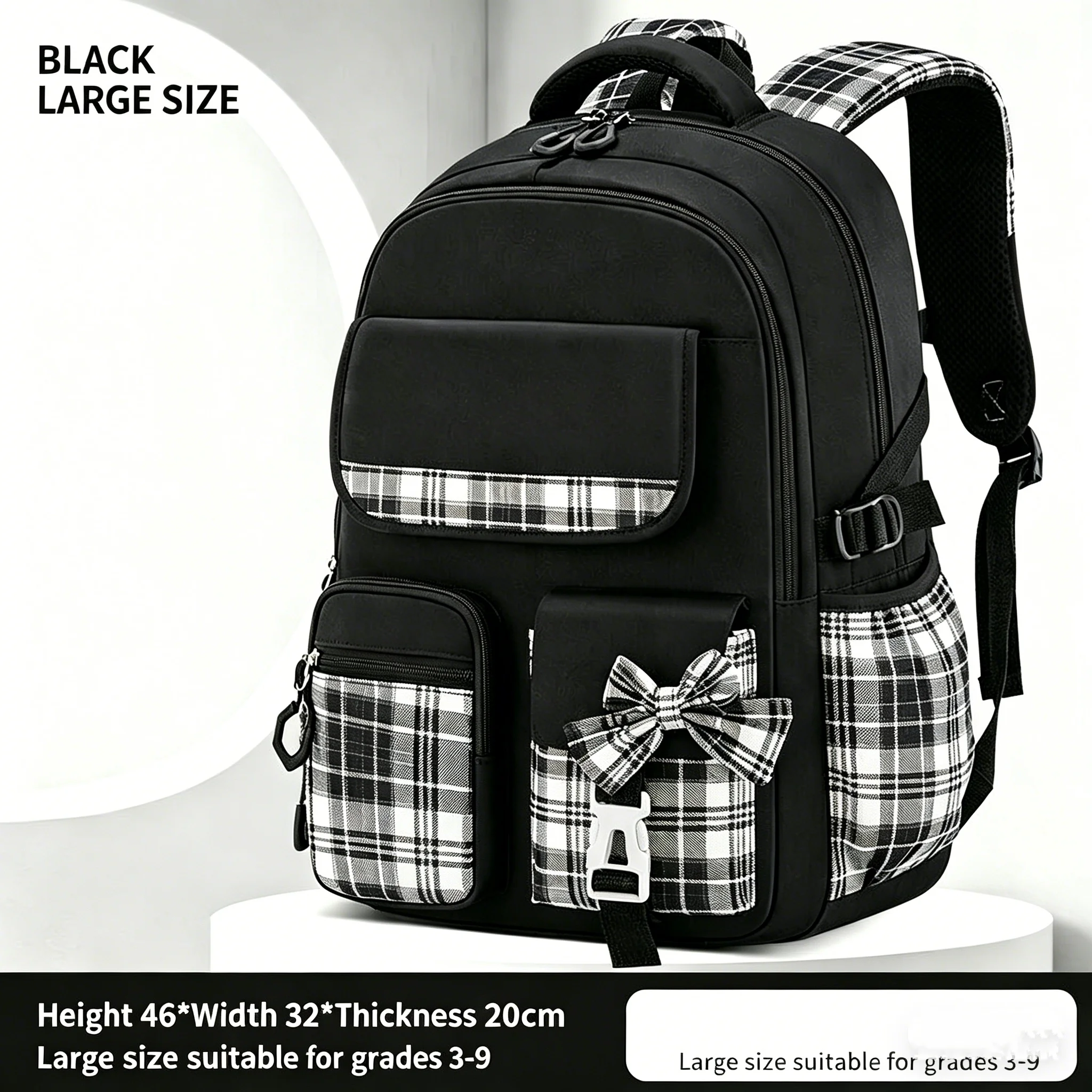 Protecting The Spine Ergonomics Elementary School Students Girls Checkered Backpack Large Capacity Lightweight Waterproof