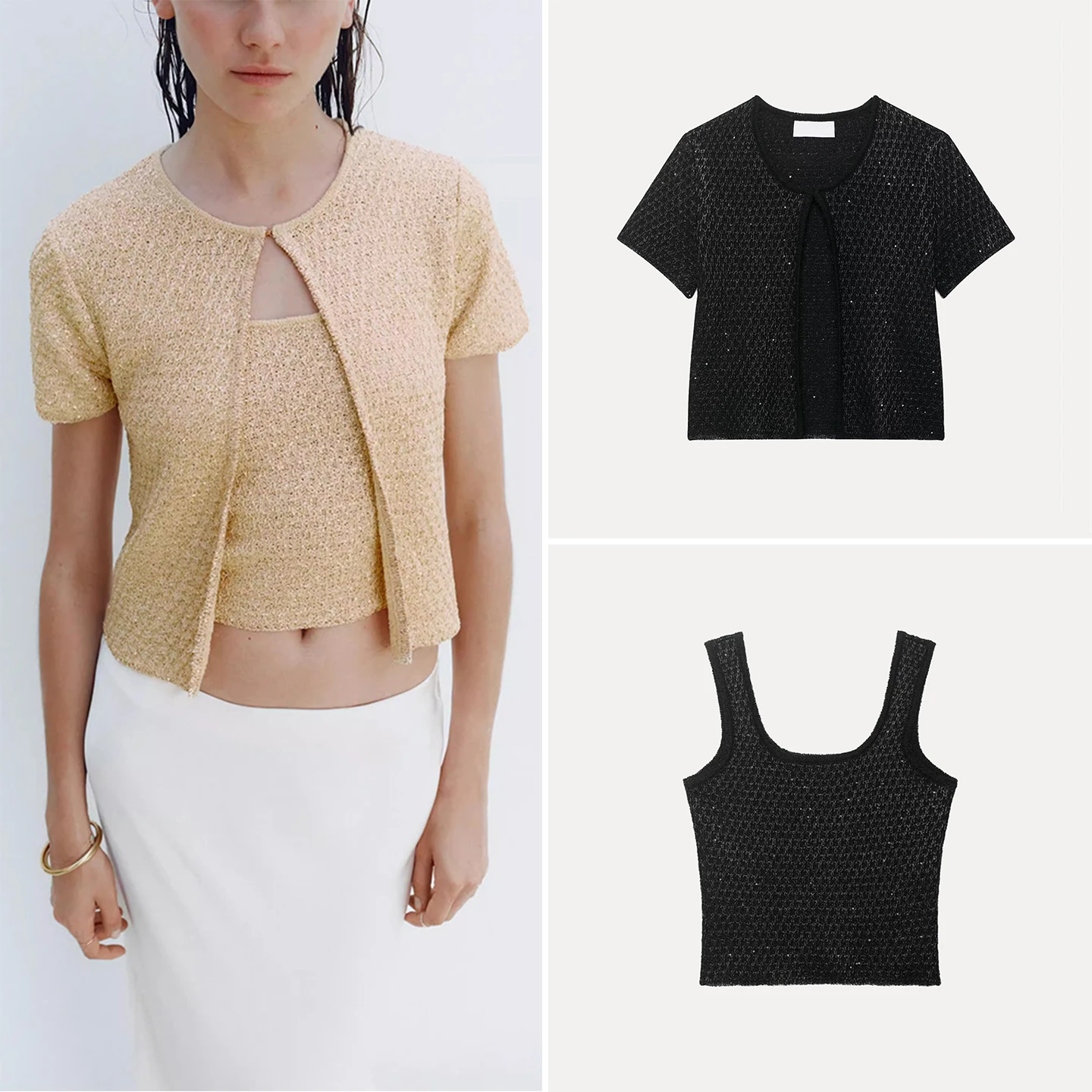 

Z 2025 Новый женский вязаный жемчужный фрагмент Jaet ort Sve круглый комплект из двух предметов из полиэфирного волокна Summer Faion