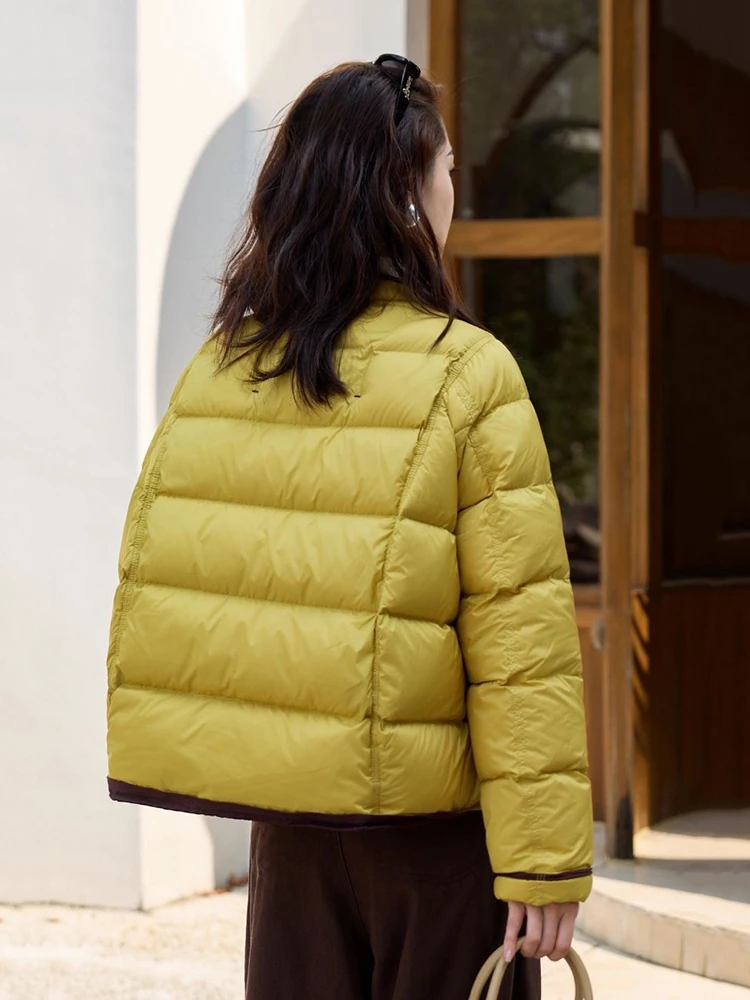 Winter Solid Fluffy Puff Stand Collar Down Jacket Women White Duck Down Warm Parker Outwears Female Casual Color Blocking Jacket
