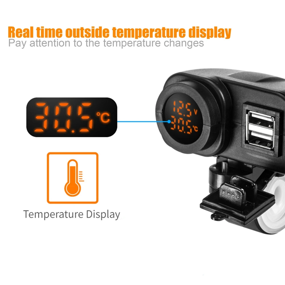 

Motorcycle Charging QC3.0 Digital Display Dual USB Phone Fast Voltmeter Thermometer Phone Socket