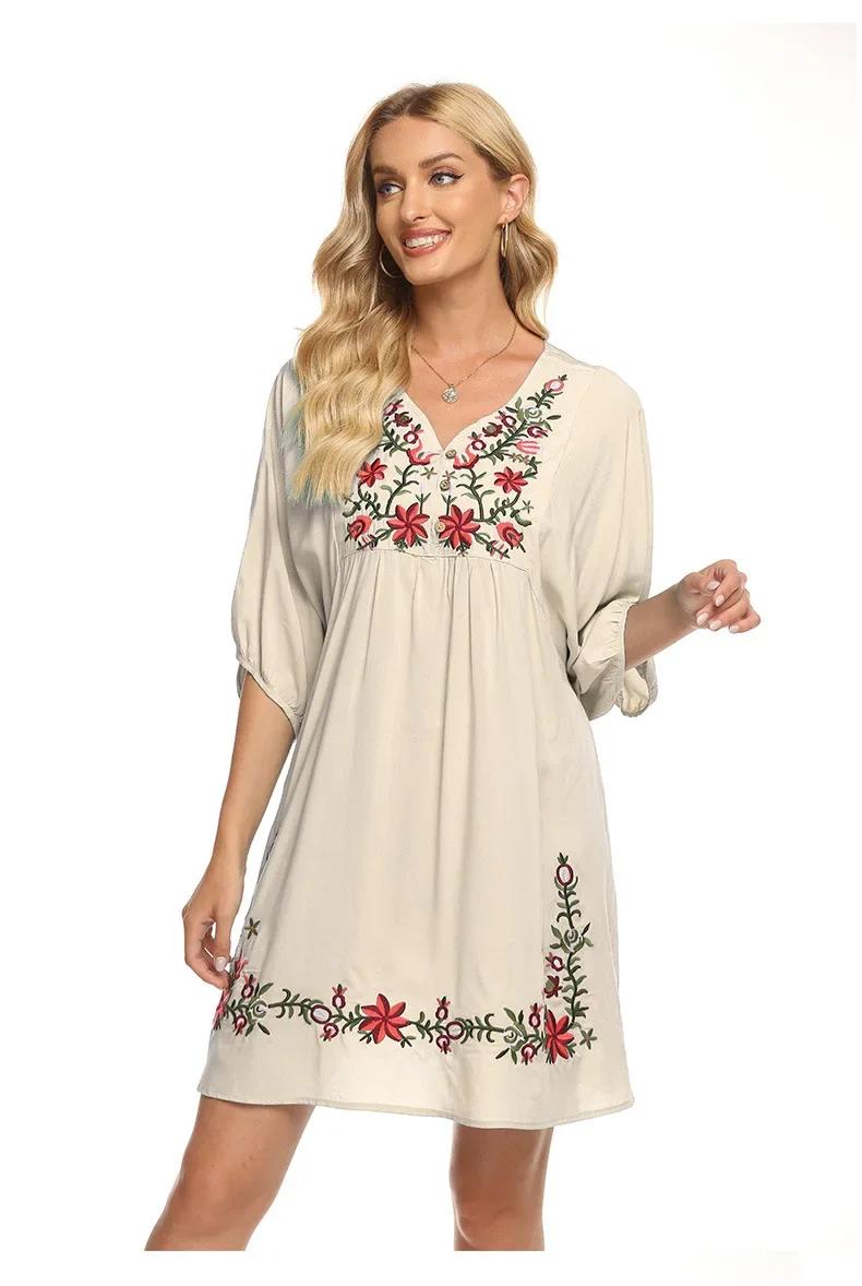 Eaeovni  2022 Summer Dress for Woman Loose V-neck Casual Clothing Cotton Dresses Embroidered Loose Dress