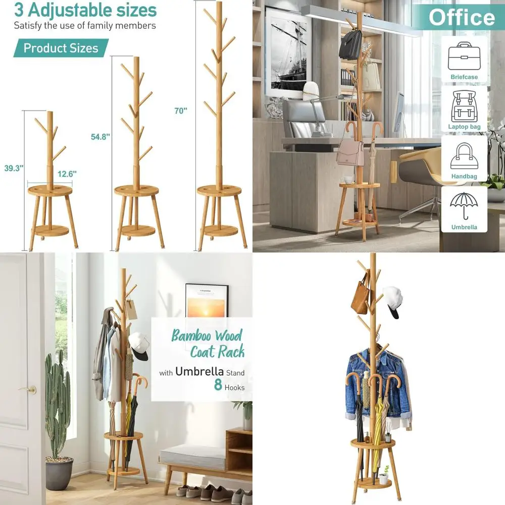 

Регулируемая бамбуковая вешалка для одежды с держателем для зонтов и 8 крючками для домашнего использования