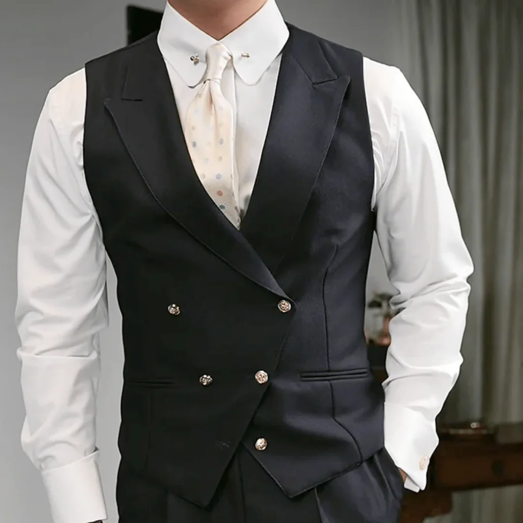 

Men Vest Black Double Button With Lapel Waistcoat For Wedding Birthday Banquet Party Business Work Daily Men Suit Vest