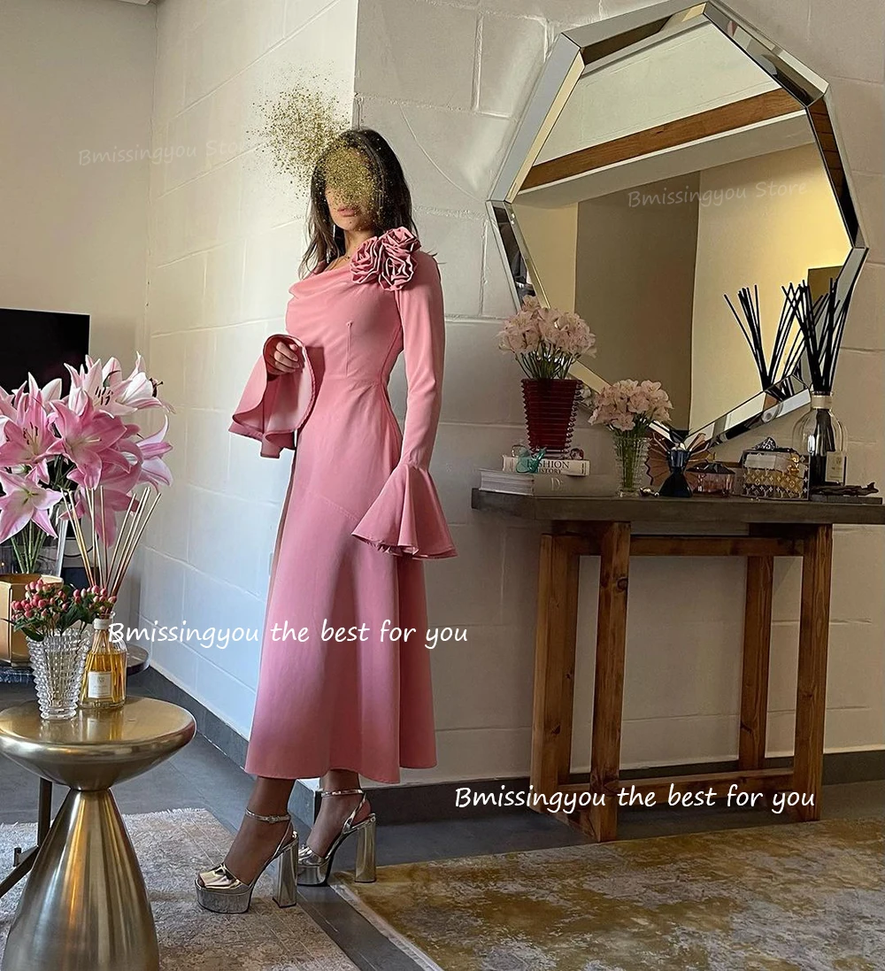 Pink Prom Dresses Tea Length for Women Long Sleeve Dubai Formal Evening Dress with Flower Wedding Party Attire Customized