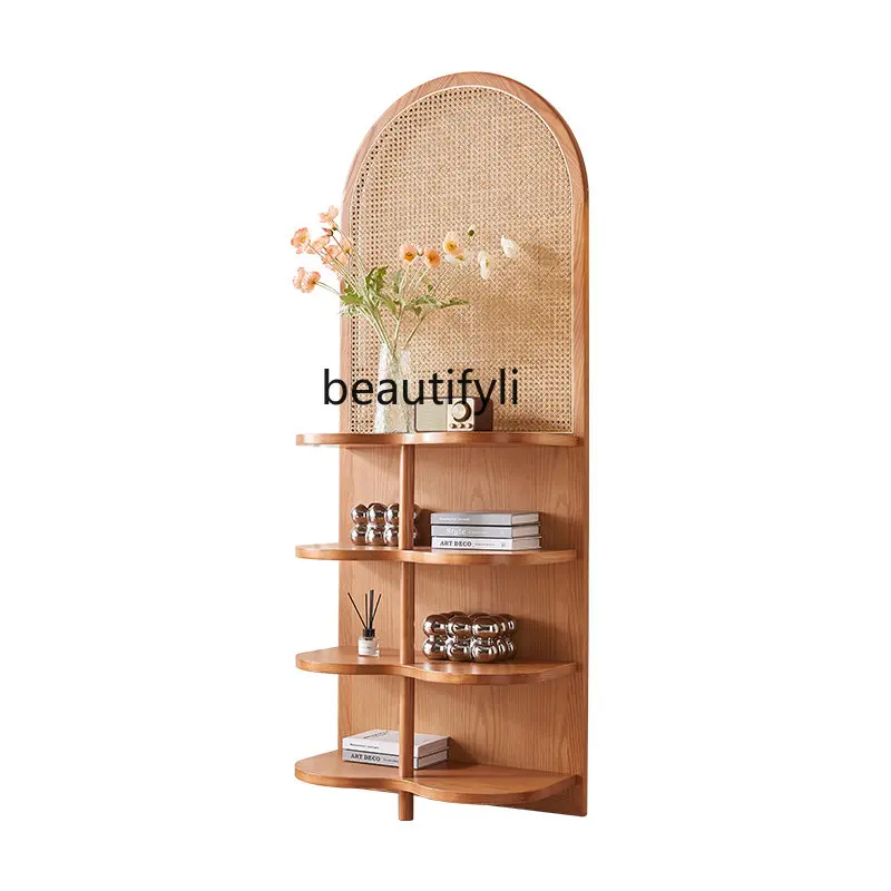 

Japanese-Style Rattan Screen Hallway Solid Wood Storage Rack Living Room Removable Block Vintage Flower Rack