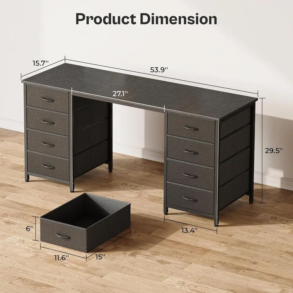 مكتب ألعاب كبير 55 للمكتب المنزلي مع 8 أدراج قماش، أسود، للدراسة والتخزين