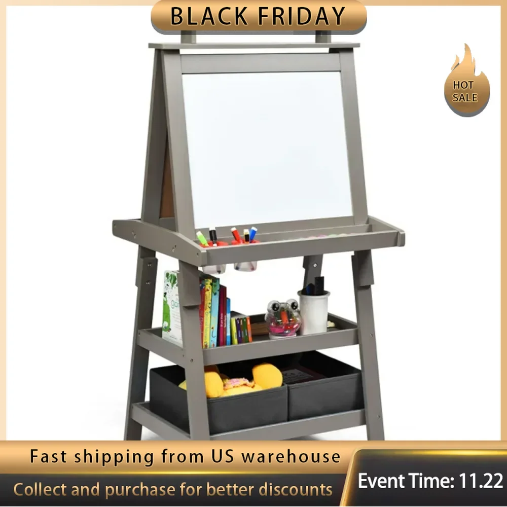 3-in-1 Double-Sided Storage Art Easel Gray Safe Material and Stable Structure Ample Storage Space Best Gift for Kids