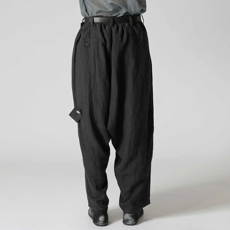 YOJI OOAK التصميم الأصلي الكتان تصميم غير متماثل منخفضة المنشعب السراويل عارضة رسم حبل الخصر خط مفتوح السراويل عارضة