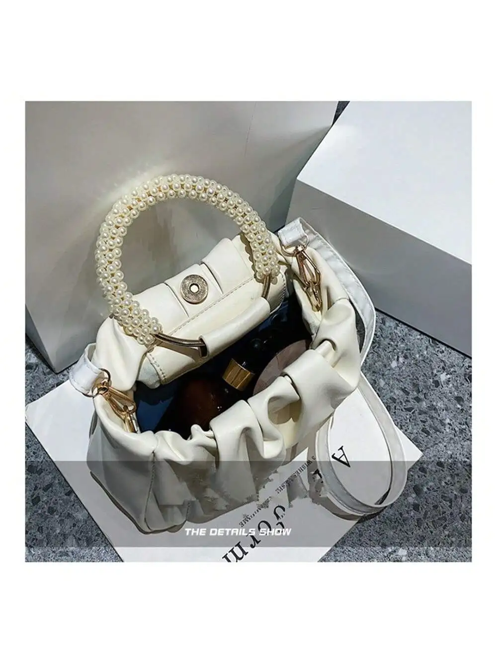 Fashion clutch bag Pearl Decoration Women\'s Bag Shoulder Small Square Bag Trend Pleated Handbag Casual Solid Color Crossbody Bag