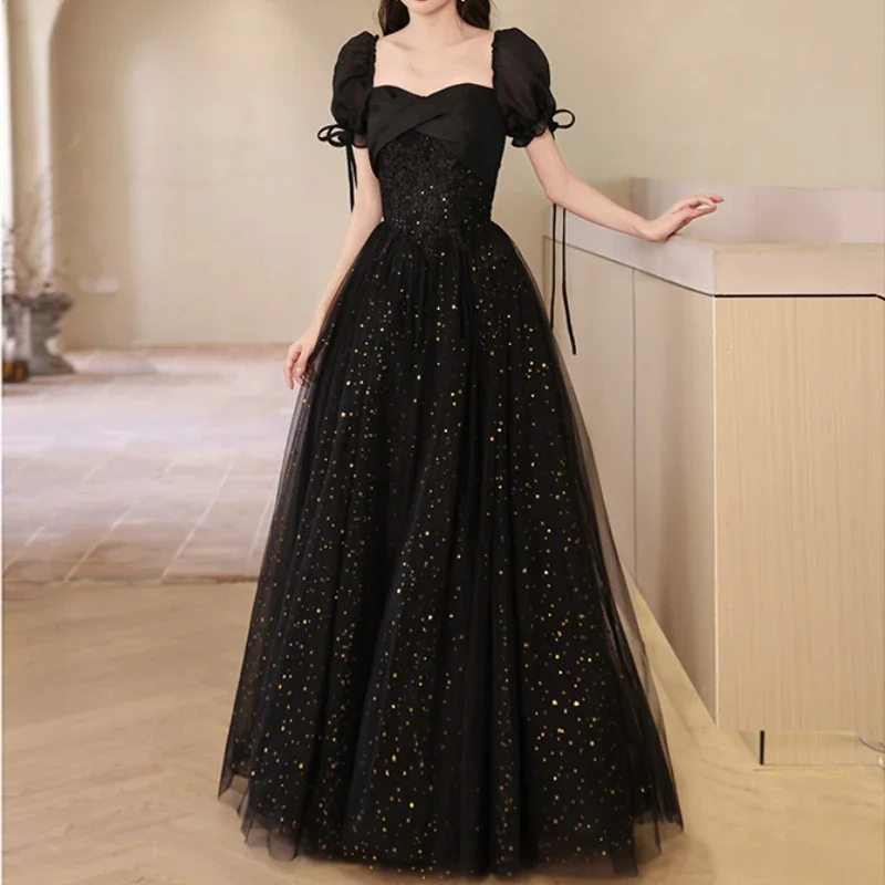 Customized Exquisite Adjustable Square Collar Puff Sleeve Bow Lace Up Prom Dress Slim A-line Straps Design Gown Long Sequin Tier