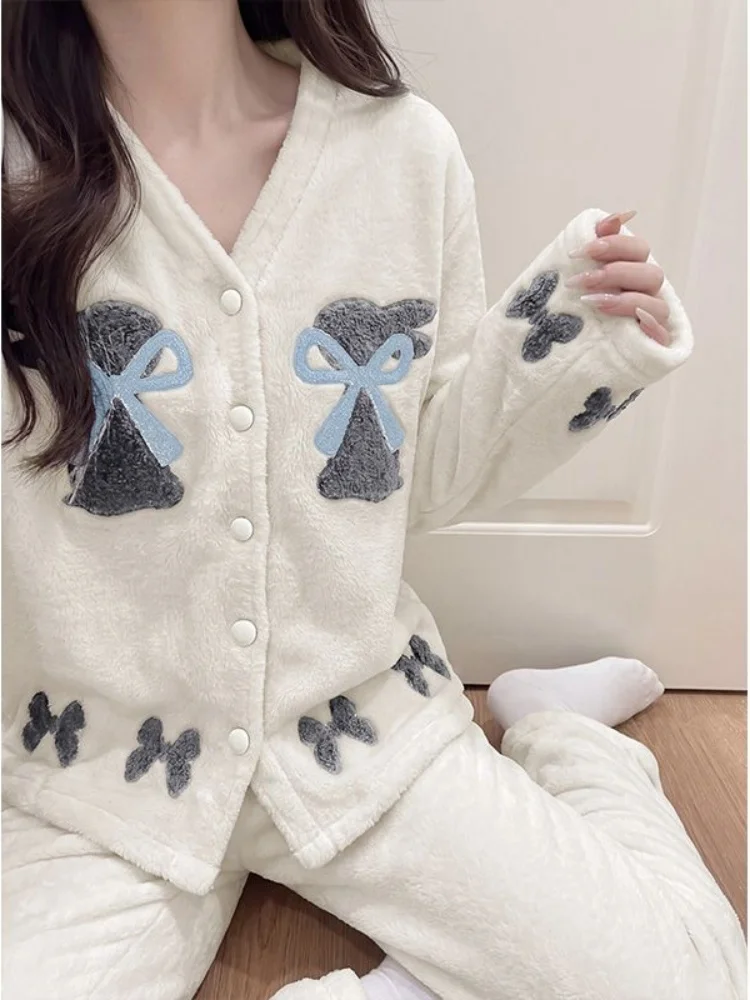 korean-style-flannel-cardigan-sleepwear-women's-autumn-winter-thick-casual-home-clothes-set-sweet-warm-long-pants-v-neck