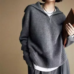 Winter Large Loose Women Knitted Wool Pullover Fashion French Sweater Big flip Collar Long Sleeves Thick Warm High quality Tops