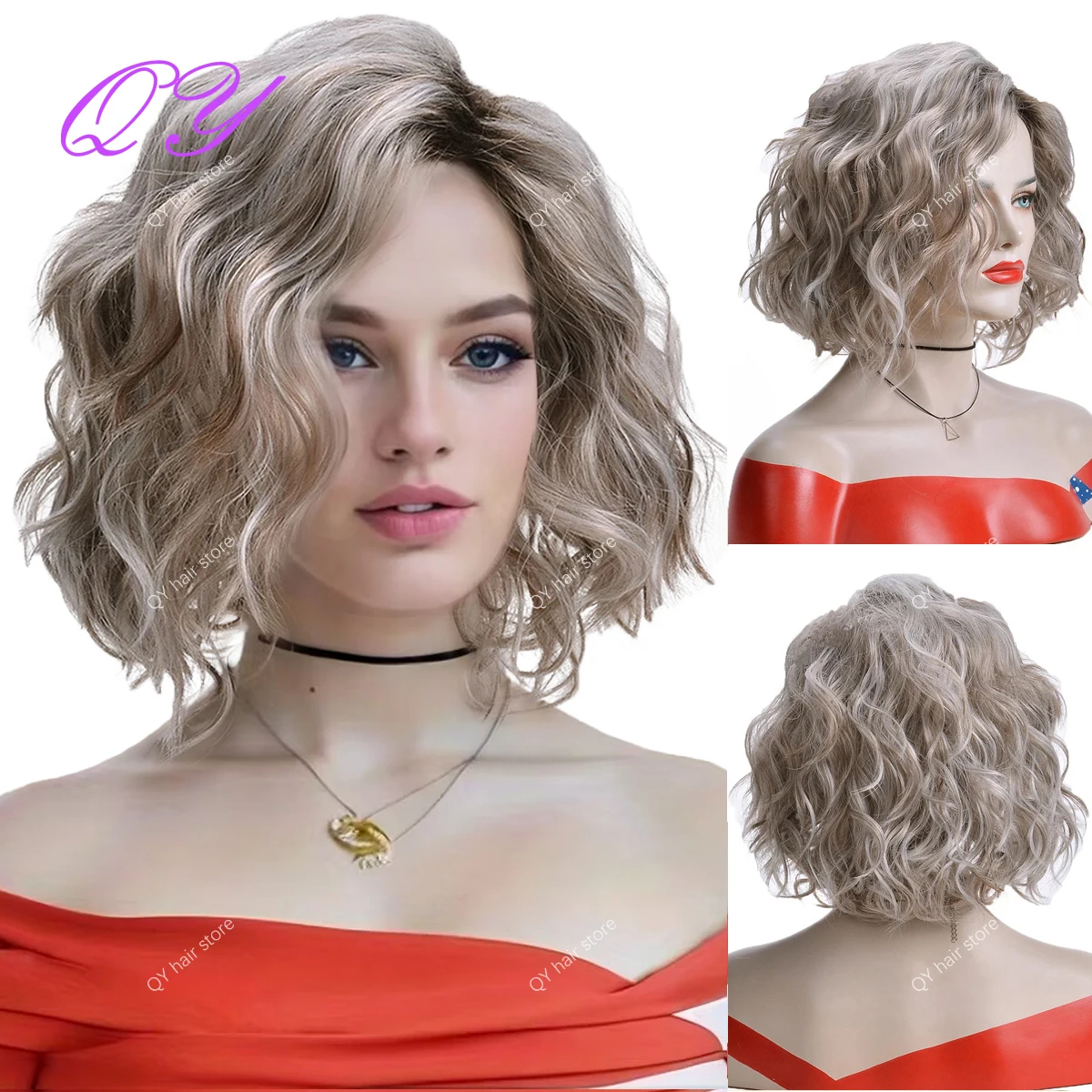 Synthetic Short Black Silver Grey Wave Curly Women Wig With Middle Part Cosplay Costume Natural  Hair Wigs