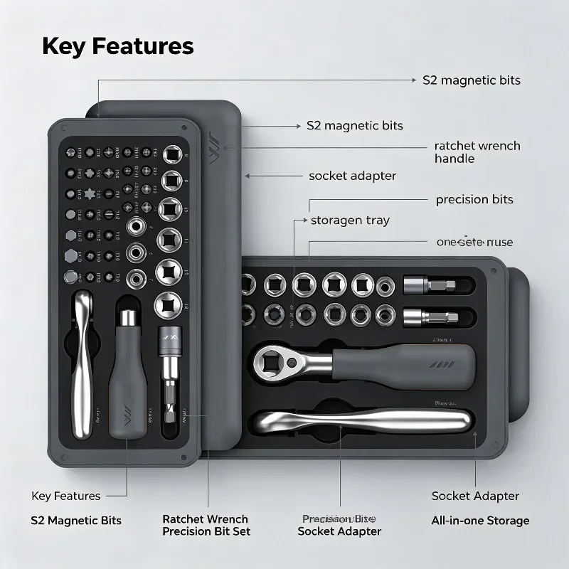 JIMIHOME Screwdriver Set S2 Magnetic Bits Multifunctional Ratchet Wrench Kit DIY Household Repair Appliances Tools Box JM-GNT41