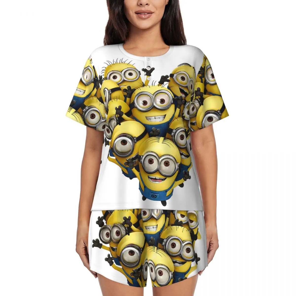 

Custom Printed Womens Cartoon Animation Minions Anime Pajamas Set Short Sleeve 2 Piece Sleepwear Pjs Lounge Sets