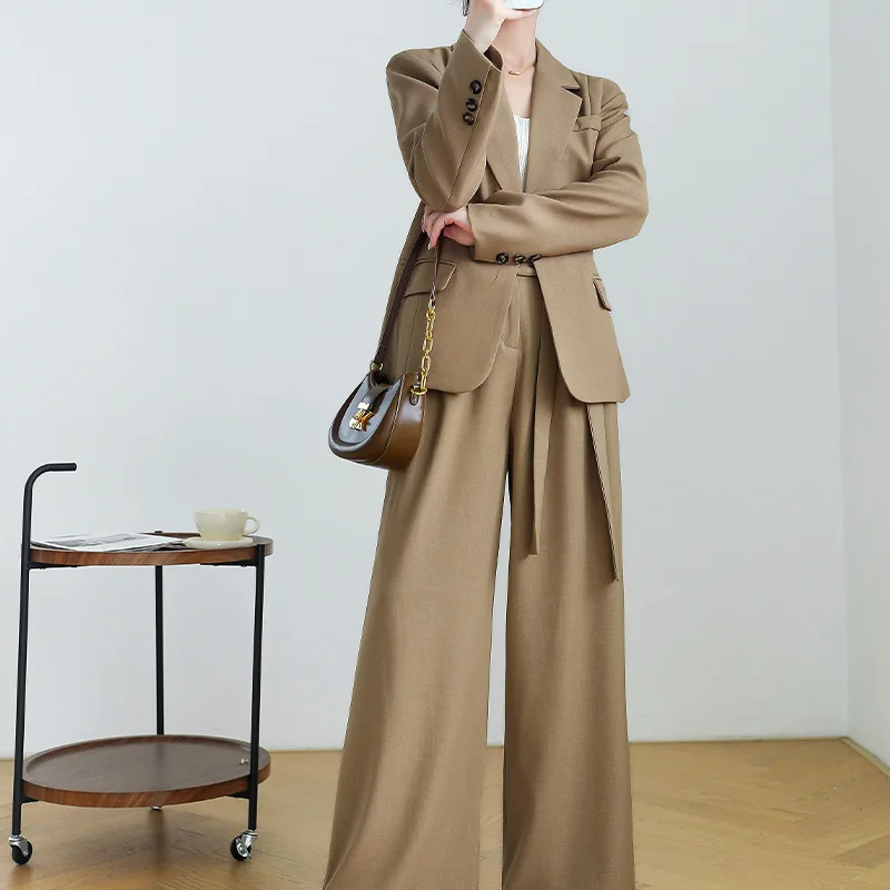 

SuperAen, осенние новые черные костюмы с длинными рукавами и утягивающей талией, черные костюмы с надрезом, женские брюки в корейском стиле в полный рост, комплекты с широкими штанинами