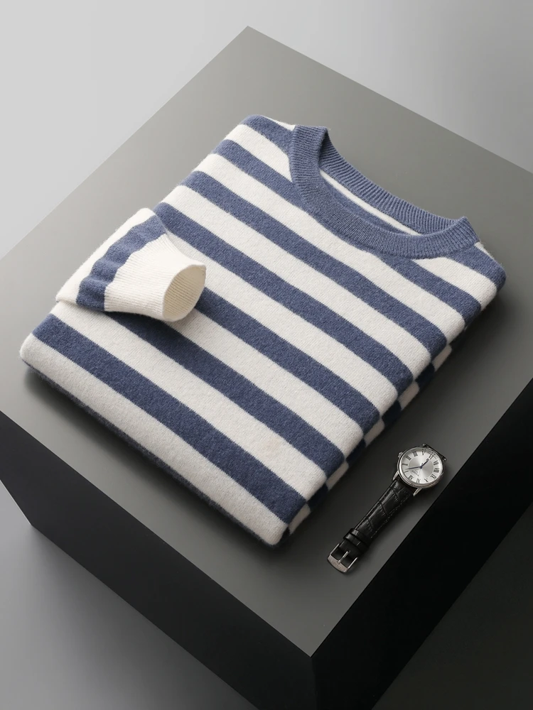 Men\'s O-neck Striped Wool Pullover Basic Casual Long Sleeve Cashmere Sweater Autumn Winter 100% Merino Wool Knitwear Tops