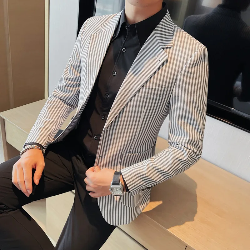 High Quality Autumn Striped Suit Jacket for Men Fashion Slim Fit Casual Business Blazers Masculino Wedding Social Men Clothing