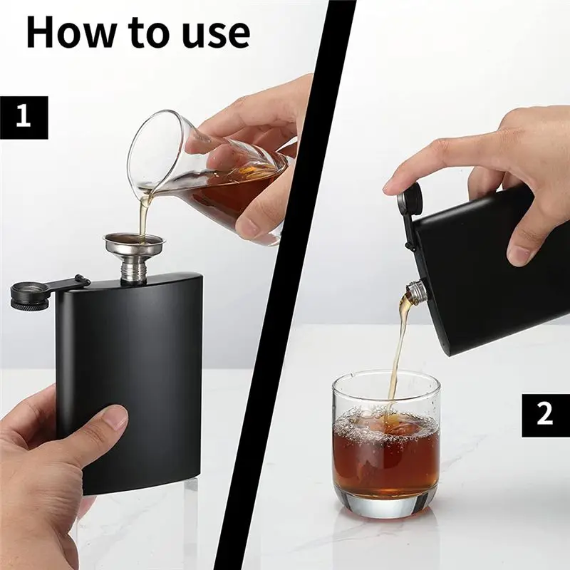 A75K 2 Pack Hip Flasks for Liquor, 8 Oz Stainless Steel Leakproof Thin Flasks with Funnel for Men & Women (Matte Black)
