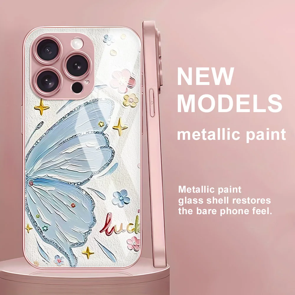 Gehärtetes Glas Handyhülle für iPhone 17 Pro Max Air 13 11 16 16E 15 14 12 17promax 16promax 15promax mit Schmetterlings-Motiv